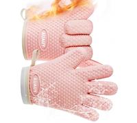 AUAUY 1 Pair Silicone Oven Gloves, Silicone & Cotton Double Layer Heat Resistant 446°F BBQ Gloves with Fingers, Non-Slip Kitchen Cooking Oven Gloves for Grilling Kitchen Baking Oven Microwave, Pink