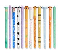 AUAUY 12 Pcs Erasable Gel Pens with Thermosensitive Erase Ink, 0.7mm Tip, 8 Ink Colors, Range of Barrel Designs, with Cute Cartoon Animal Designs, Rub Out Pens for Student Stationery Office Supplies