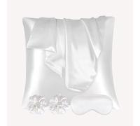AUAUY 2 Pack Satin Pillowcase, 65x65cm Silk Pillowcases for Hair and Skin, With 2PCS Satin Hair Scrunchies & Eye Mask, Slip Beauty Sleep Pillowcase, White