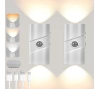 AUAUY 2 PCS Wall Lights with Motion Sensor, 3 Colors Rechargeable Battery Operated Wall Lamps, On and Auto Modes, 4 Levels of Brightness Adjustment, Up and Down Walls Lamp for Bedroom, Hallway