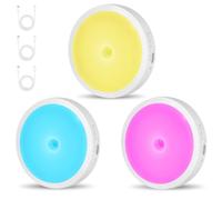 AUAUY 3 Pack Motion Sensor Lights Indoor, RGB Multi-Color LED Stick on Wall Lights with Magnetic Base, USB Rechargeable, 3 Modes Sensor Night Light for Hallway, Stairs, Wardrobe, Cabinet, Closet