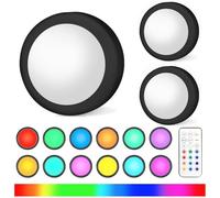 AUAUY 3 Pack Night Lights, Battery Operated LED Under Cabinet Lights, Stick on Wardrobe Counter RGB Coloured Puck with Remote Control, Brightness Adjustable Wireless Timer[Energy Class E]