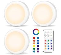 AUAUY 3 Pack Night Lights, Battery Operated LED Under Cabinet Lights, Stick on Wardrobe Counter RGB Coloured Puck with Remote Control, Brightness Adjustable Wireless Timer[Energy Class E]