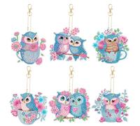 AUAUY 6 Pieces Owl Diamond Painting Keychains, 5D DIY Diamond Art Painting Keychain Christmas Double Sided Hanging Diamond Art Kits Diamond Christmas Ornaments for Kids Crafts Decor Key Ring DIY