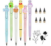 AUAUY 6PCS Everlasting Infinity Pencil with Cartoon Animal, Portable Reusable Erasable Inkless Pencil and 6pcs Replacement Nib for Writing, Drawing, Students, Home Office, School Supplies