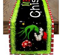 AUAUY Christmas Table Runner, Buffalo Plaid Merry Christmas Grinch Table Decoration for Indoor Outdoor Home Party, Linen Printing Winter Christmas Xmas Holiday Table Decor for Kitchen Dining 33x173cm