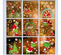 AUAUY Christmas Window Stickers, 8 Sheets 116pcs Grinch Merry Christmas Window Clings Sticker, Reusable Children's Window Film, Double-Sided Static Adhesive PVC Stickers for Glass Windows Decoration