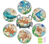 AUAUY Diamond Painting Coasters with Holder, 6 Pack DIY Aquatic Creatures Coasters DIY Diamond Art Craft Supplies for Beginners, Adults & Kids Art Craft Supplies for Birthday