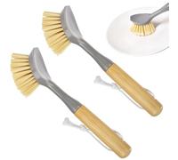 AUAUY Dish Brush with Long Handle, Bamboo Washing Up Brushes for Kitchen, Hangable Kitchen Brush with Strong Cleaning Power, Safe and Environmentally Friendly Cleaning Blush, Humanized Design, 2 Pack