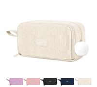 AUAUY Large Capacity Pencil Case, Corduroy Pencil Cases with 3 Compartments | Portable School Pencil Pouch with Pom-pom Charm, Travel Essentials Makeup Stationery Organizer for Students Adults