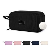 AUAUY Large Capacity Pencil Case, Corduroy Pencil Cases with 3 Compartments | Portable School Pencil Pouch with Pom-pom Charm, Travel Essentials Makeup Stationery Organizer for Students Adults
