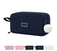 AUAUY Large Capacity Pencil Case, Corduroy Pencil Cases with 3 Compartments | Portable School Pencil Pouch with Pom-pom Charm, Travel Essentials Makeup Stationery Organizer for Students Adults