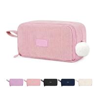 AUAUY Large Capacity Pencil Case, Corduroy Pencil Cases with 3 Compartments | Portable School Pencil Pouch with Pom-pom Charm, Travel Essentials Makeup Stationery Organizer for Students Adults