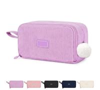 AUAUY Large Capacity Pencil Case, Corduroy Pencil Cases with 3 Compartments | Portable School Pencil Pouch with Pom-pom Charm, Travel Essentials Makeup Stationery Organizer for Students Adults