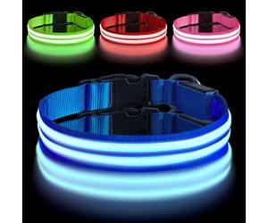 AUAUY LED Light Up Dog Collar, Pet Dog Double Light Strip Collar, Type-C Port Charging Adjustable Stitched Pet Collar with D-Ring Buckle, Waterproof Flashing Dog Collar for Small Dogs, Blue-S