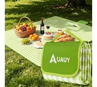AUAUY Picnic Blanket, Waterproof Beach Rug, 200 x 150cm Green Grid | Extra Large Outdoor Sandproof Oxford Picnic Mat with Handle, Reusable Washable Foldable Camping Blanket for Park Beach Yard