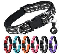 AUAUY Reflective Nylon Dog Collars, Double Security Adjustable Classic Pet Collars with Soft Neoprene Padding AirTag Case, Dual D-Ring Quick Release Buckle for Small Puppy, Medium Large Dogs(Black-L)