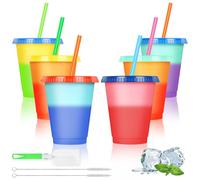 AUAUY Reusable Color Changing Cup, 6 Pack BPA Free Plastic Tumbler Set, 16oz Travel Iced Coffee Mug Tumbler with Straw Lid, Smoothie Milkshake Bottle Magic Cold Drink Water Cups for Party Kid Aldult