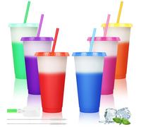 AUAUY Reusable Color Changing Cup, 6 Pack BPA Free Plastic Tumbler Set, 24oz Travel Iced Coffee Mug Tumbler with Straw Lid, Smoothie Milkshake Bottle Magic Cold Drink Water Cups for Party Kid Aldult