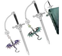 AUAUY Sword Dragon Bookmark, 2 Pack Fantasy Gothic Sword Bookmark with Dragon Pendant for Women and Men, Cool Vintage Dragon Gifts Fourth Wing Bookmark for Book Lovers, Fantasy Readers(Green & Purple)