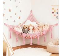 AUAUY Toy Hammock for Stuffed Animals, Teddy Hammock Toy Storage Net, Macrame Boho Corner Hanging Organizer with Tassel, Soft Cuddly Toy Storage Net for Kids Bedroom Nursery Decor, Pink