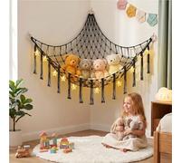 AUAUY Toy Hammock for Stuffed Animals, Teddy Hammock Toy Storage Net with LED Star String Lights, Boho Large Corner Hanging Net with Tassel, Soft Cuddly Toy Storage for Kids Bedroom Decor, Black
