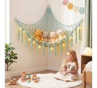 AUAUY Toy Hammock for Stuffed Animals, Teddy Hammock Toy Storage Net with LED Star String Lights, Boho Large Corner Hanging Net with Tassel, Soft Cuddly Toy Storage for Kids Bedroom Decor, Blue-green