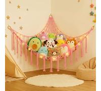 AUAUY Toy Hammock for Stuffed Animals, Teddy Hammock Toy Storage Net with LED Star String Lights, Boho Large Corner Hanging Net with Tassel, Soft Cuddly Toy Storage for Kids Bedroom Decor, Pink