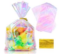 Aubeco 160Pcs Iridescent Cellophane Treat Bags with Twist Ties, 6x9 Inch Clear Goodie Baggies for Packaging, Birthday, Weddings