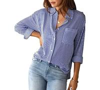 AUBIG Womens Shirts Fashion Solid Color Long Sleeve Button Down Shirts Striped Casual Loose Blouse Lightweight Roll Up Elegant Tops for Office Work Beach Street 01 Blue L