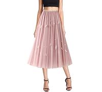 AUBIG Womens Tutu Tulle Skirt High Waist Solid Color Flowy Skirts Elegant Mesh Layered Midi Swing Skirt Cute Chiffon A-Line Skirts Pink One Size