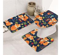 AUBKFELD Cute Animal Fox Flower Printed Flannel Anti-Slip Bath Mat Set - 3 Piece Bathroom Rugs Sets | Bath Rug + Contour Mat + Toilet Seat Cover