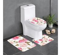 AUBKFELD Floral Flower Rose Pink Printed Bath Mat Set 3 Piece - Anti-Slip Bathroom Rugs Sets | Bath Rug And Contour Mat And Toilet Seat Cover, J561B2452