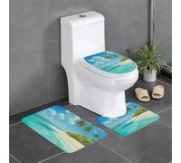 AUBKFELD Island with Sandy Beach and Palm Tree Printed Bath Mat Set 3 Piece - Anti-Slip Bathroom Rugs Sets | Bath Rug and Contour Mat and Toilet Seat Cover