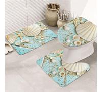 AUBKFELD Ocean Sea Beach Seashells Starfish Blue Printed Flannel Anti-Slip Bath Mat Set - 3 Piece Bathroom Rugs Sets | Bath Rug + Contour Mat + Toilet Seat Cover, J561B2451
