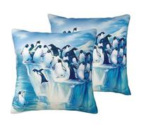 AUBKFELD Penguins on Iceberg Printed 2-PCS Cushion Cover Square Pillowcase 40x40 CM Soft Linen Throw Pillow Covers Case Decorative for Living Room Sofa Couch Bed Bench