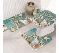 AUBKFELD Starfish Seashell Beach Printed Flannel Anti-Slip Bath Mat Set - 3 Piece Bathroom Rugs Sets | Bath Rug + Contour Mat + Toilet Seat Cover, J561B2451