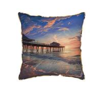 AUBKFELD sunset at the beach bridge Printed Velvet Cushion Cover 50x50 CM with Gold Edging Strip, Square Pillowcase Soft Throw Pillow Covers Case Decorative for Living Room Sofa Couch Bed Bench