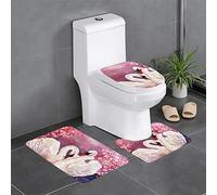AUBKFELD White Swans With Pink Floral Tree Printed Bath Mat Set 3 Piece - Anti-Slip Bathroom Rugs Sets | Bath Rug And Contour Mat And Toilet Seat Cover, J561B2452