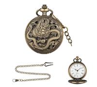 Aublinto Large Bronze Hollow Out Dragon Pattern Pocket Watch with Fine Chain Exquisite Carved Decoration Pendant, a, 10.00*6.00*3.00CM