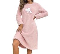 Aublinto Pajamas for Women Long Sleeve Plush Nightgown Crew Neck Comfy Fleece Thickened Sleep Dress Casual Heart Pattern Fluffy Fuzzy Sleepwear Soft Winter Warm Nightwear Dresses Peach S