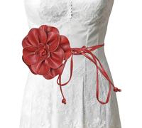 Aublinto Women's Belt Women's Flower Belt Leather Belt Waist Belt Wrap Belt Leather Look with Extravagant Flower Flower Belt Chiffon Flower Bridal Belt Adjustable Tassel for Everyday Wear, deep red,
