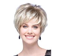 AUBWIG Brown Mixed Light Blonde Pixie Cut Short Wigs for Women Short Stylish Fluffy Layered Wig with Bangs,Short Bob Synthetic Wigs (Brown Mixed Light Blonde)