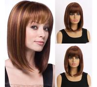 AUBWIG Mixed Brown Bob Wig With Bangs, 15 inch Naturally Short Straight Wigs for Women Medium Long Bob Hair Synthetic Wigs for Daily Wear (Mixed Brown #03B)