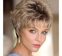 AUBWIG Short Black Ombre Blonde Slight Curly Hair Ladies Wig With Bangs Wig Natural Fluffy Synthetic Hair Wig Layered Heat Resistant Wigs (Black Ombre Blonde)