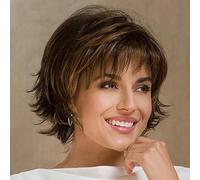 AUBWIG Short Wig Pixie Charming Style Short Wave Bob Wig, Wig with Bangs, Natural Slight Curly Hair Wigs Synthetic Wigs for White Women Daily Wear (Dark Brown Mixed Blonde)