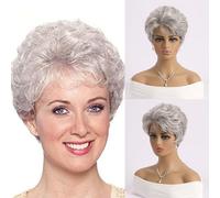 AUBWIG Silver White Short Slight Curly Hair Wig Short Pixie Cut Wig With Bangs for Women Natural Fluffy Heat Resistant Synthetic Hair Wigs (Silver White #3E)