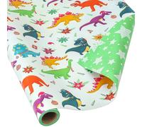 AUCLAY Dinosaur Gift Wrap Roll for Kids and Babies, Cute Dinosaurs with Christmas Decoration and Stars Design, Reversible, 45cm