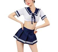 Aucute School Girl Outfit Cosplay Lingerie Set for Women Mini Sailor Outfits Halloween Costume, Navy Blue - White, Medium/Large