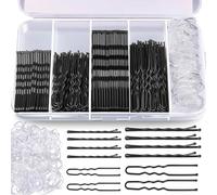 Aucuu 300 pcs Bobby Pins Kit, 100 Black Waved Hair Pins(50pcs L+50pcs S), 100 Black U Shaped Hair P-ins(50pcs L+50pcs S),100 White Elastic Bands, with Storage Box, for All H-air Types